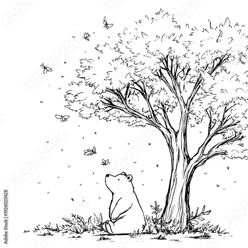 Winnie the Pooh Sitting Under Tree with Butterflies