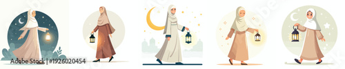 vector of a Muslim woman walking carrying a Ramadan lantern