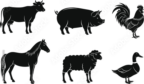 Black and white farm animal silhouettes set featuring cow pig rooster horse sheep and duck vector illustration collection