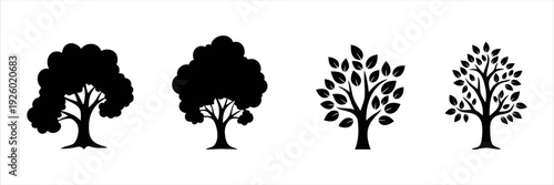 Collection of four stylized tree icons in silhouette for various uses