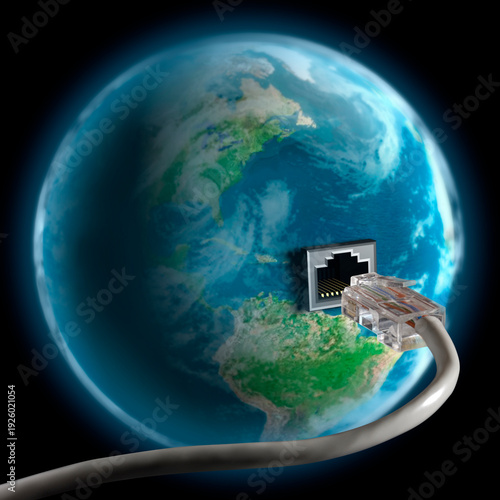 Global Communication, internet network plug connecting to the Earth, network cable socket, LAN connection, world globe