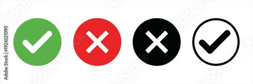 Set of green check mark and red cross icons on white background