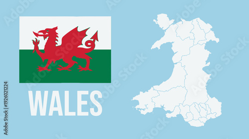 Welsh National Identity: Flag of Wales (Y Ddraig Goch), Detailed Map Outline with Regions, and 'WALES' Text on Light Blue Background
