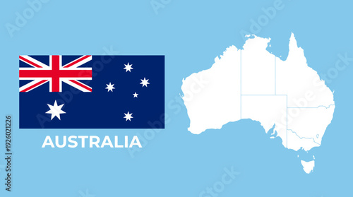 Australia Flag and Outline Map with State Borders on Light Blue Background