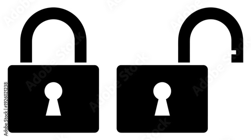 Digital Security Padlock Icons: Closed and Open Lock Symbols for Data Protection, Privacy, and Access Control. Flat Vector Design.