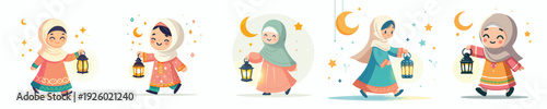 vector of a Muslim little girl walking carrying a Ramadan lantern