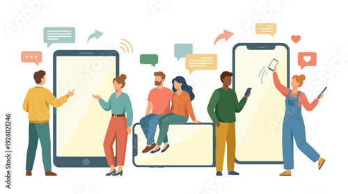 Diverse People Using Smartphones & Tablets for Digital Communication, Social Media & Online Networking - Modern Flat Vector Illustration