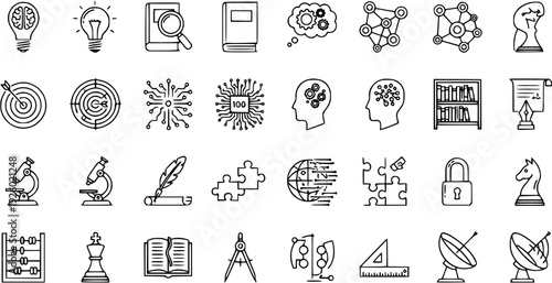Set of Education, Science, Technology, and Strategy Icons in Outline Style