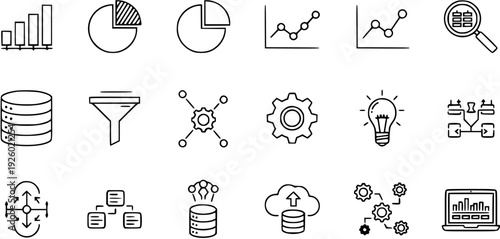 Data Analytics and Business Intelligence Line Icons Set. Collection of Technology, Big Data, Processing, and Strategy Symbols.