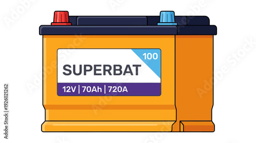 Modern Car Battery 12V 70Ah Vector Illustration. Automotive Power Supply, Vehicle Maintenance, and Electrical System Graphic.
