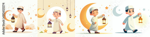 vector of a Muslim little boy walking carrying a Ramadan lantern