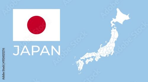 Japan National Flag and Outline Map with Country Name on Light Blue Background - Geography, Culture, and Identity Symbol