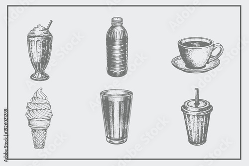 Vector hand drawn Cup, Glass, Ice Cream, Coffee cup, Bottle, Milkshake illustration in vintage engraved style. Different types design. Dessert, sweets, menu design, restaurant, shop. Isolated on whit