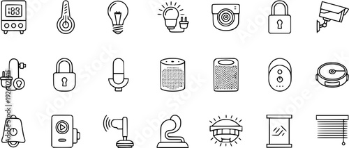 Modern Smart Home and Internet of Things (IoT) Technology Vector Line Icons Collection for Digital Automation and Security Systems