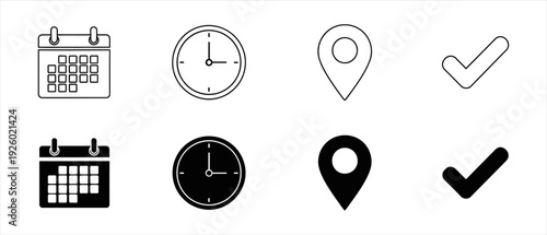 Calendar and clock icons with location pin and checkmark symbols