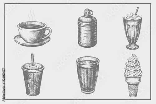 Vintage engraving style Coffee cup, Bottle, Milkshake, Cup, Glass, Ice Cream in vintage vector illustration. Hand-drawn Isolated Different types design set for creative design.