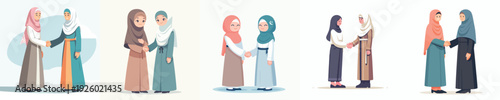 vector of fellow Muslim brothers women shaking hands and forgiving each other on Eid Mubarak