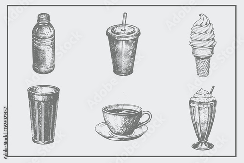 Vintage engraving style Coffee cup, Bottle, Milkshake, Cup, Glass, Ice Cream in vintage vector illustration. Hand-drawn Isolated Different types design set for creative design.