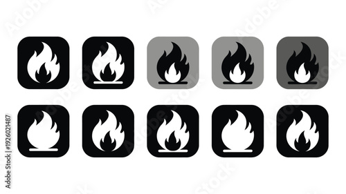 Set Of White Fire Flame Icons Inside Black Rounded Square Buttons Isolated On White Background