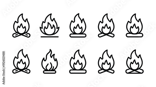 Set Of Minimalist Black Line Campfire Icons And Bonfire Symbols On White Background