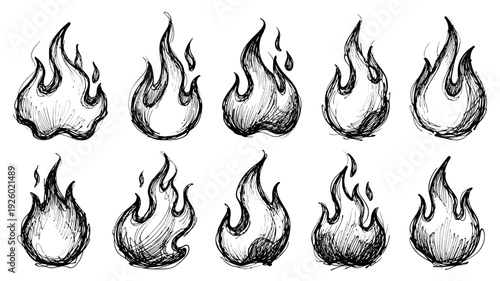 Collection Of Black Ink Hand Drawn Fire Flame Sketches Isolated On White Background
