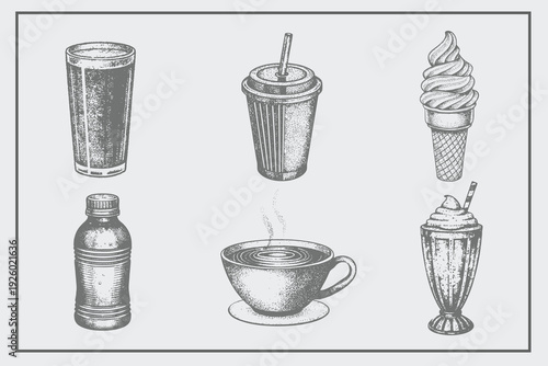 hand drawn Coffee cup, Bottle, Milkshake, Cup, Glass, Ice Cream in vintage engraving style. Different types of ice cream. Dessert, sweets, menu design, restaurant, shop. Isolated on white background