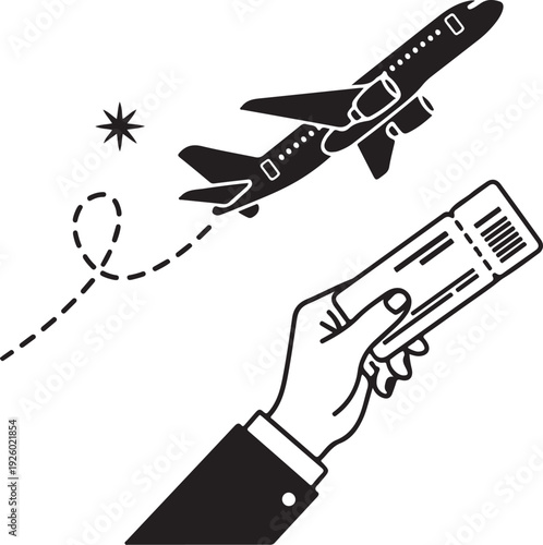 Hand holding an airplane ticket with a plane flying overhead, travel concept illustration.