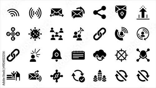 Collection of vector icons depicting various concepts including communication, security, and settings on a clean white background as seen in 33.eps