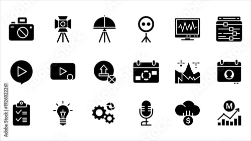 Collection of black icons representing business and technology concepts on a white background, 34.eps reference