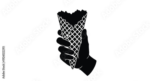 Minimalist design of a hand presenting a classic waffle cone, a clean black and white emblem for confectionery, baking, and summer refreshment