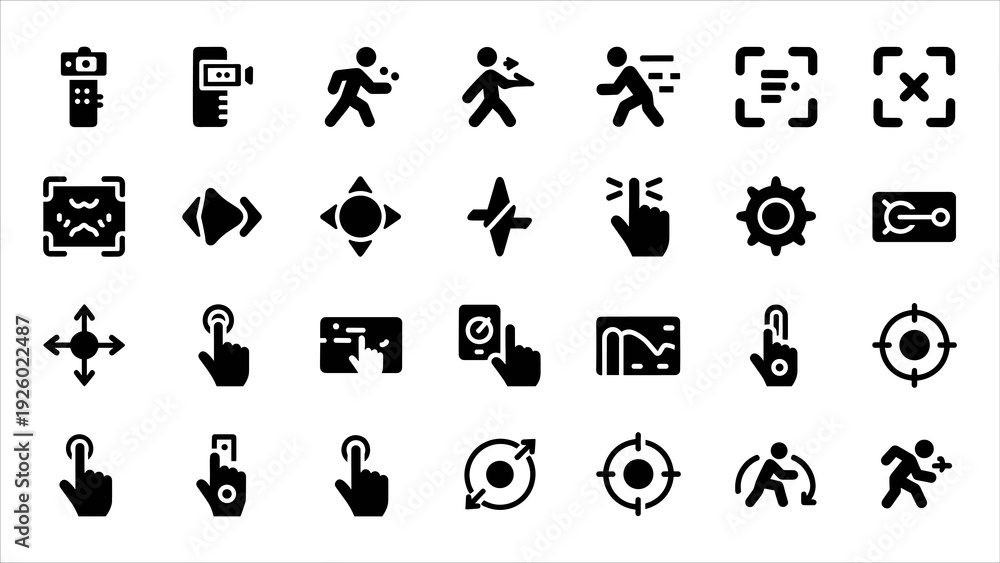 Fototapeta premium Collection of black icons representing various actions and objects on a clean white background, viewed directly from the front.
