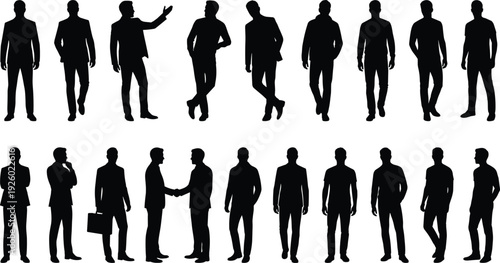 Business men silhouette set, standing walking and handshake male figures black and white vector illustration isolated collection
