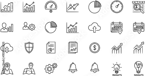 Hand Drawn Business Data Analytics Technology Security Finance Location Doodle Line Icons Set