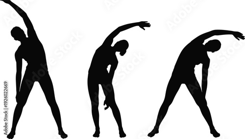 Woman stretching exercise silhouette set, side bend fitness pose vector illustration, black and white workout warm up isolated