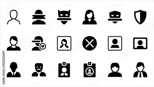 Collection of simple icons representing various user profiles and security features displayed on a clean white background viewed from a straightforward perspective.