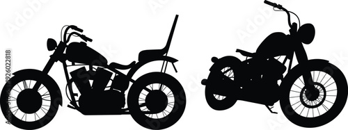 Vintage chopper motorcycle silhouettes, classic custom motorbike black and white vector illustration isolated on white background