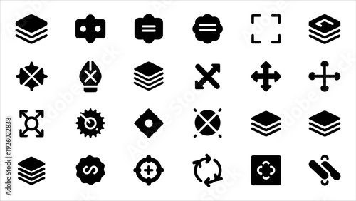 Collection of Various Black Icons on White Background Representing Different Concepts and Tools 47.eps