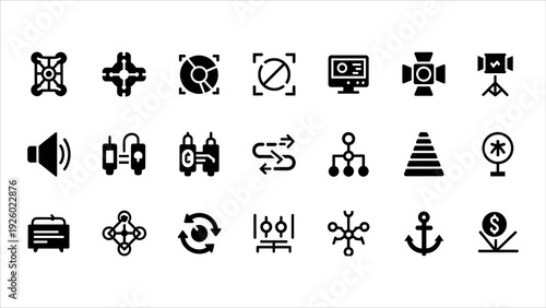 Collection of various black icons representing different concepts and objects on a plain background