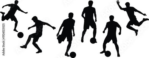 Soccer player silhouettes set, football athletes dribbling kicking jumping with ball black vector illustration isolated on white background