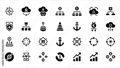 Collection of simple black icons on white background representing various concepts and objects illustrated in a graphic design style
