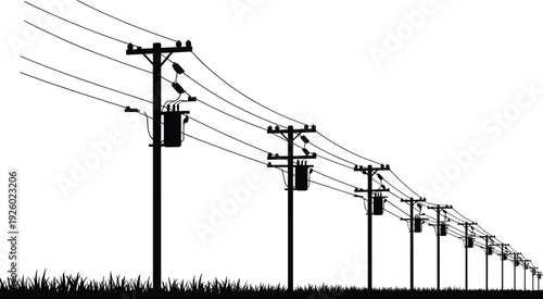 Power line poles perspective view, electrical distribution network silhouette black vector illustration isolated on white background infrastructure concept