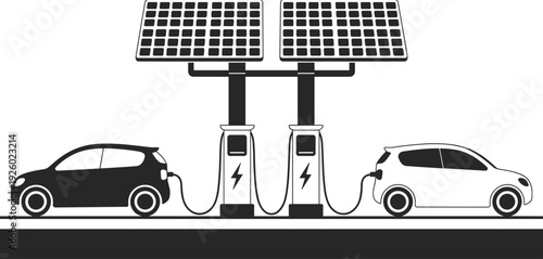 Electric cars charging at solar powered station, renewable energy concept with photovoltaic panels and EV chargers isolated on white background illustration