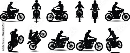 Motorcycle rider silhouettes set, sport bike stunt wheelie and cruising poses black vector isolated on white rider silhouettes set, sport bike stunt wheelie and cruising poses black