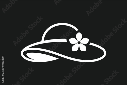 Elegant women hat silhouette with decorative flower, minimalist fashion logo design in black and white, stylish feminine accessory icon isolated on dark background