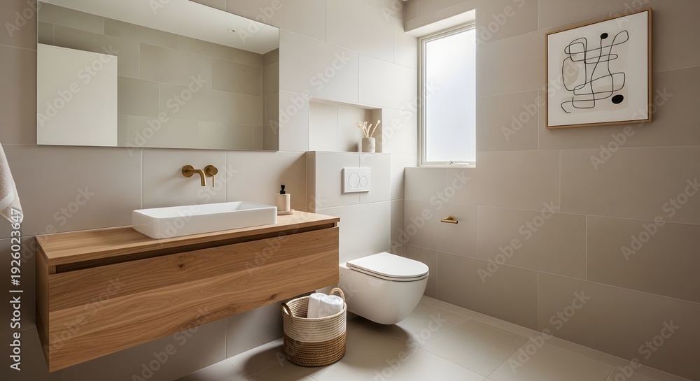 Fototapeta premium Modern bathroom interior design with wooden vanity and contemporary fixtures