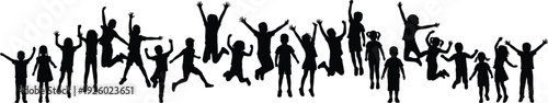 Group of happy children silhouettes, jumping kids celebration black and white vector illustration isolated on white background