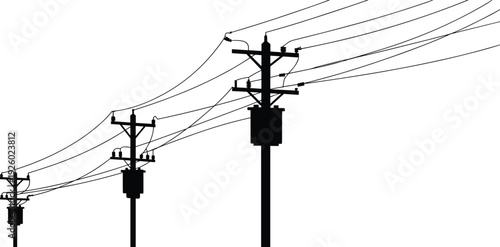 Electric utility pole silhouette, power transmission lines infrastructure, black and white vector illustration isolated on white background