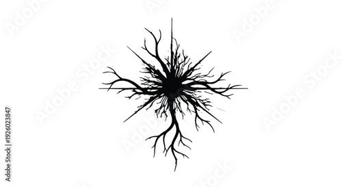 Dynamic abstract illustration of a central point radiating intricate, dark tendrils and branching organic lines, evoking complex neural networks or root systems in a minimalist design