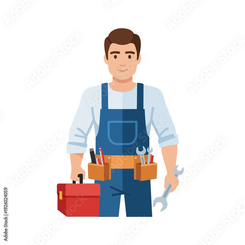 Friendly Handyman with Toolbox and Wrench in Blue Overalls - Repair Service Worker Flat Vector Illustration
