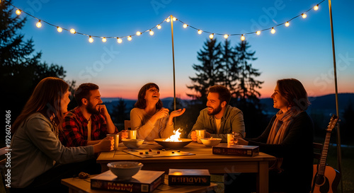 A group of young adults laughing and talking around a table with games and string lights